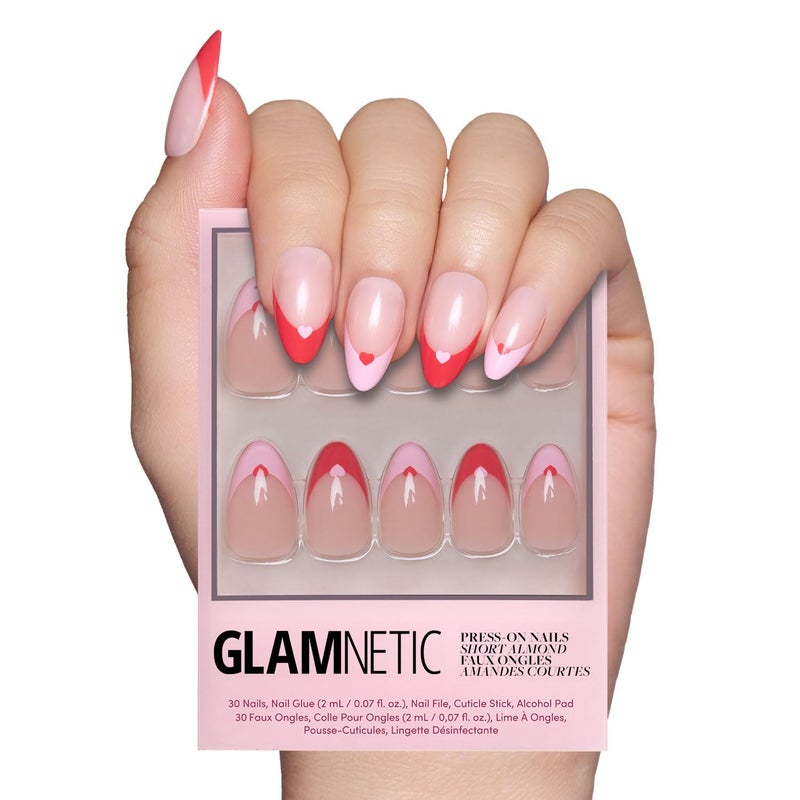 Glamnetic Press On Nails  Pure Hearted  Glossy SemiTransparent Short Almond Nails with Heart Accents Salon Quality Valentines Nails  15 Sizes  30 Nail Kit with Glue